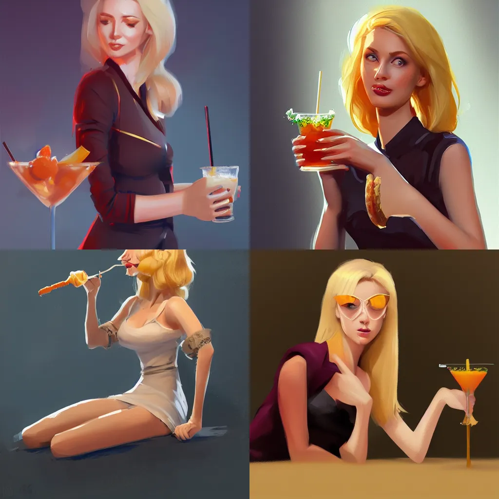 Prompt: a blonde lady drinking a sausage cocktail, grek rutkowski, artstation