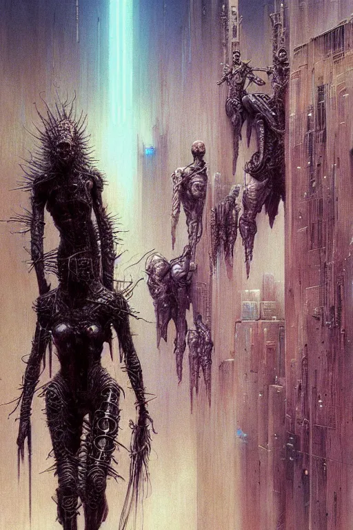 Prompt: cyberpunk future by luis royo and wayne barlowe, beksinski