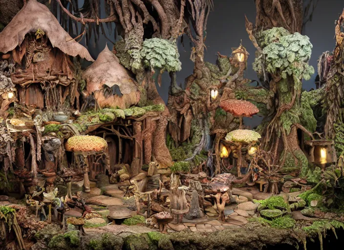 Image similar to detailed studio photography of a fantasy claymation diorama of the dark crystal, zeiss lens, detailed, by erwin olaf, joop geesink, wes anderson, jim henson, brian froud, breathtaking, 8 k resolution, beautiful lighting, studio light, extremely detailed, beautiful, establishing shot, realistic materials, weta digital fx manuka, unreal engine, hyperrealistic