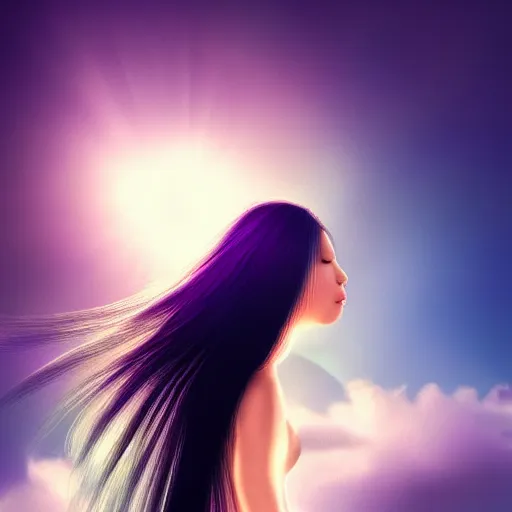 Prompt: a thin, pretty young Filipino woman with long hair floats dramatically in the air in a dreamy world in the distance, her face is in shadow, very beautiful, inspiring, hopeful, dramatic lighting, abstract digital art, trending on artstation