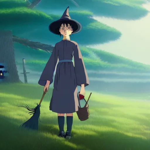 Prompt: A young adult witch with a cottage-core aesthetic, Hayao Miyazaki, character design, fantasy, 8k resolution