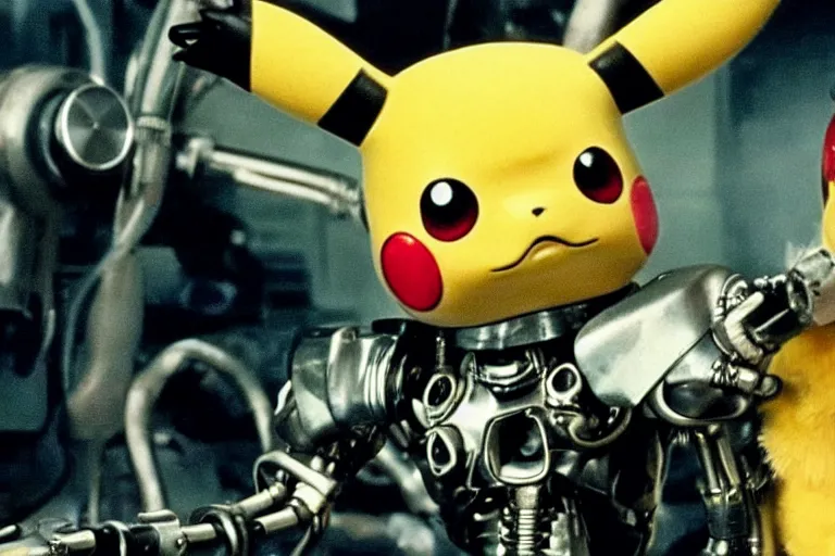 Image similar to Terminator Pikachu scene where his endoskeleton gets exposed still from the film