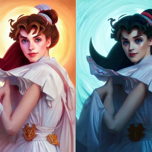 Prompt: Mark Hamill as Sailor Moon, western, D&D, fantasy, intricate, elegant, highly detailed, digital painting, artstation, concept art, matte, sharp focus, illustration, art by Artgerm and Greg Rutkowski and Alphonse Mucha