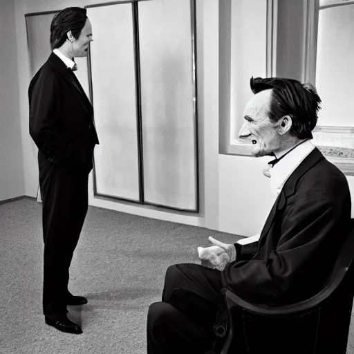 Prompt: black and white photo of Abraham Lincoln being interviewed by Conan O'Brien, in the style of a Corbis archival photo, Nikon D810 | ISO 64 | focal length 20mm (Voigtländer 20mm f3.5) | Aperture f/9 | Exposure Time 1/40 Sec (DRI)