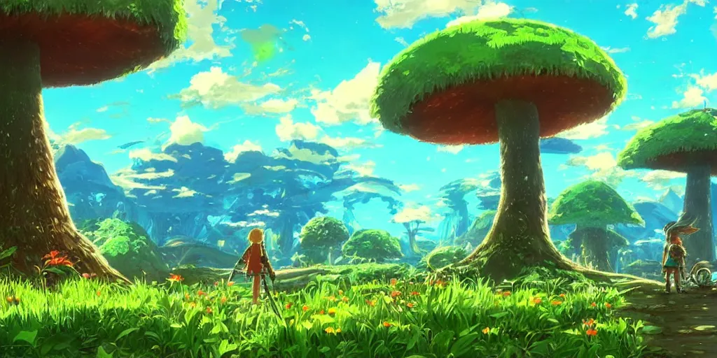 Image similar to epic mushroom trees, vivid tones, wide angle, by miyazaki, nausicaa, studio ghibli, tropical, breath of the wild