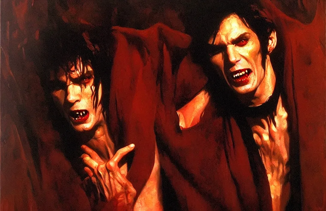 Prompt: portrait of 1 9 8 0's film vampire!!!!!!!!!!!!!!!!!!!!!!!!!!!, detailed face, detailed painting,, epic lighting, by ilya repin, phil hale and kent williams