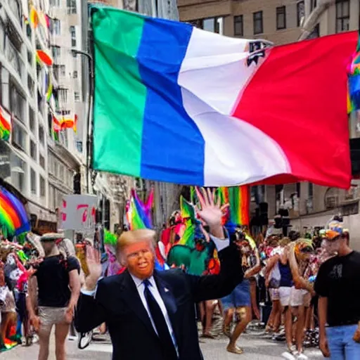 Image similar to donald trump waving a rainbow flag at a pride parade