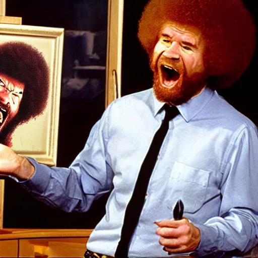 Image similar to bob ross screaming at his painting in an uncontrollable fit of rage