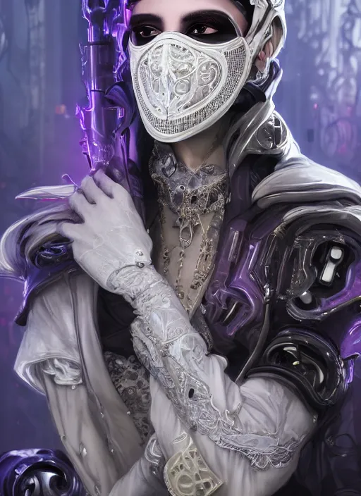 Image similar to a handsome male ornate cyborg with a white techwear mask, purple garment with art nouveau ivory accessories, dressed in black intricate lace and jewels, ethereal, misty, cyberpunk, darksynth, luxury, concept art by zeen chin, extremely detailed, artstation, andree wallin, edvige faini, alphonse mucha, 8 k, unreal engine 5