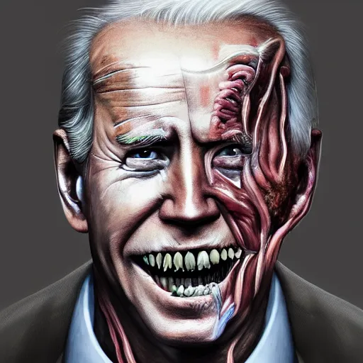 Image similar to a portrait of joe biden, flesh eating worms, macabre, horror, saw teeth, horror rotten teeth, peeling face skin, decomposing skin tones, by junji ito, wlop, zdzisław beksinski, realistic face, visible face, digital art, artstation, symmetry