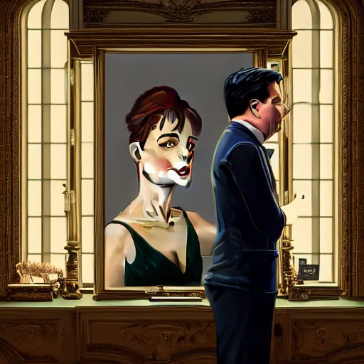 Image similar to portrait of holly golightly with michael mcintyre in a tiffany's shop, anatomy, bathed in light, highly detailed, photorealistic, artstation, smooth, sharp focus, illustration, unreal engine 5, 8 k, art by artgerm and greg rutkowski and edgar maxence