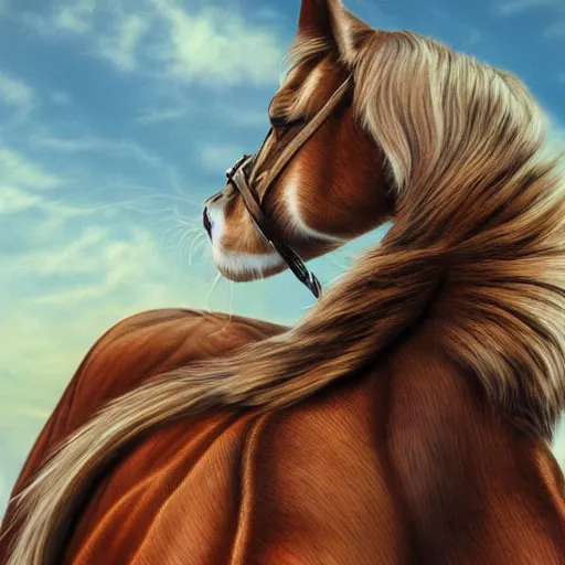 Image similar to a cat riding on a horses back, photorealistic art, high definition