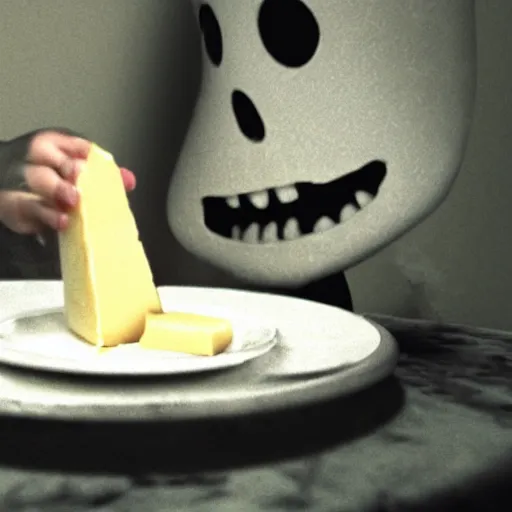 Prompt: a ghost eating cheese that is scaring them photo crazy cinematic