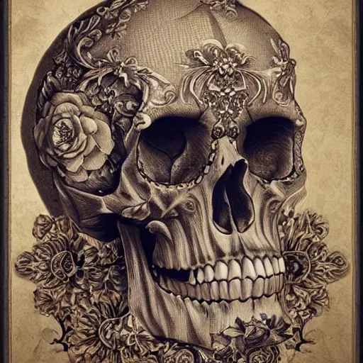 Prompt: a beautiful portrait of a ornate and intricate rococo skull