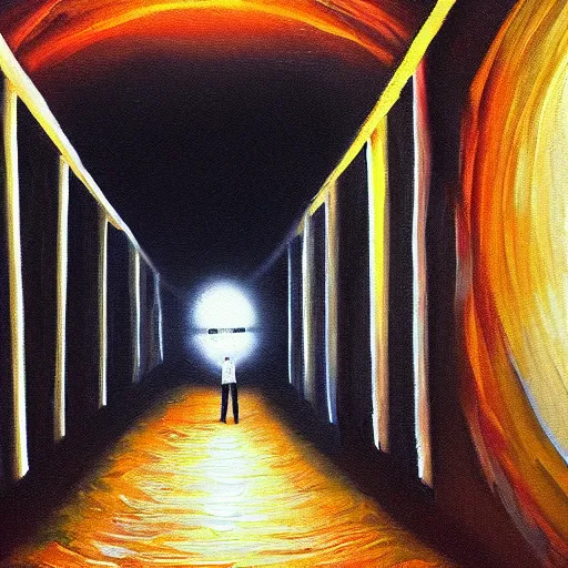 Image similar to a man holding a light at the end of a tunnel, oil painting