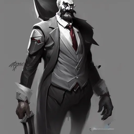 Image similar to concept art of league of legends character gentleman from hell, greg rutkowski, face, trending on artstation, highly detailed, photorealisitc, ambient lighting