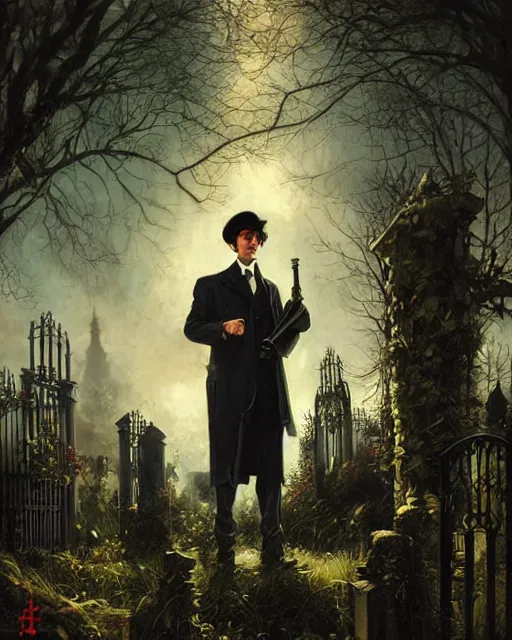 Image similar to sherlock holmes standing in a graveyard, night, detailed, hd, bright, sunny, by tom bagshaw, by fintan magee, by raymond swanland, by sherree valentine daines