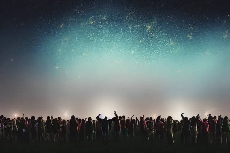 Prompt: many lights in a field, a large group of people standing in front of a sky filled with stars, a matte painting by beeple, unsplash, space art, 3 8 4 0 x 2 1 6 0, glowing lights, like fireflies, octane render