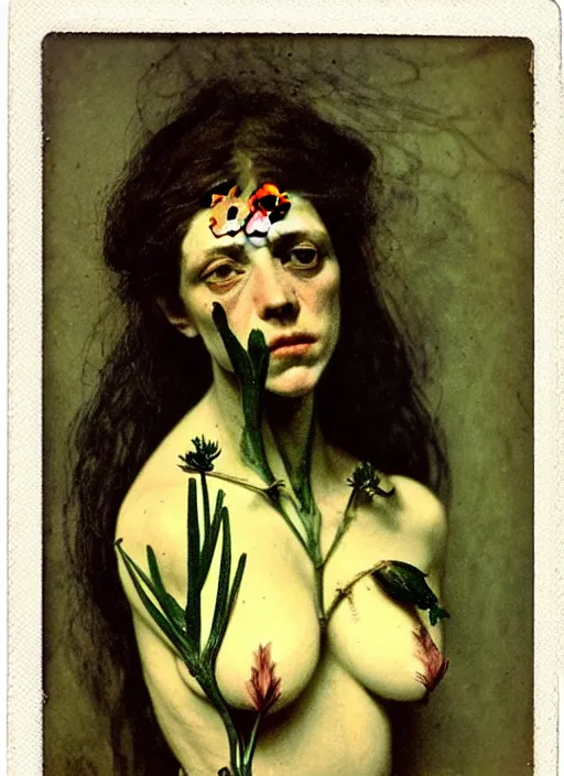 Image similar to beautiful and detailed rotten woman made of plants and many different types of flowers, muscles, intricate, organs, ornate, manet, gustave courbet, caravaggio, romero ressendi 1 9 1 0 polaroid photo