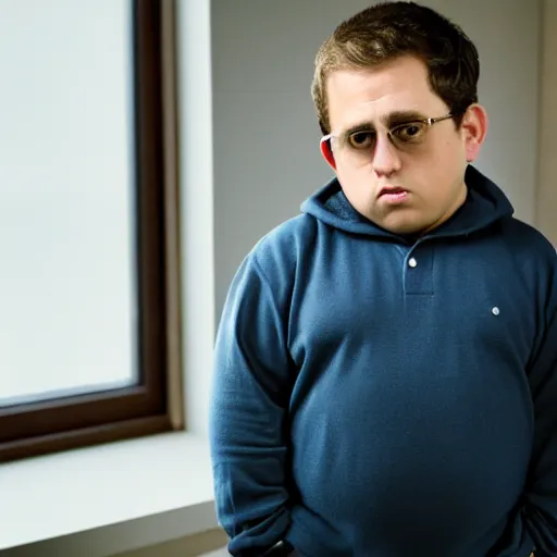 Image similar to 4 k editorial photograph of down syndrome midget jonah hill, sharp focus, soft lighting, edge lighting, studio portrait, 1 3 mm film color grading