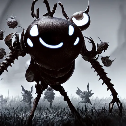 Image similar to Hollow knight standing on corpses , octane render , hyperdetailed