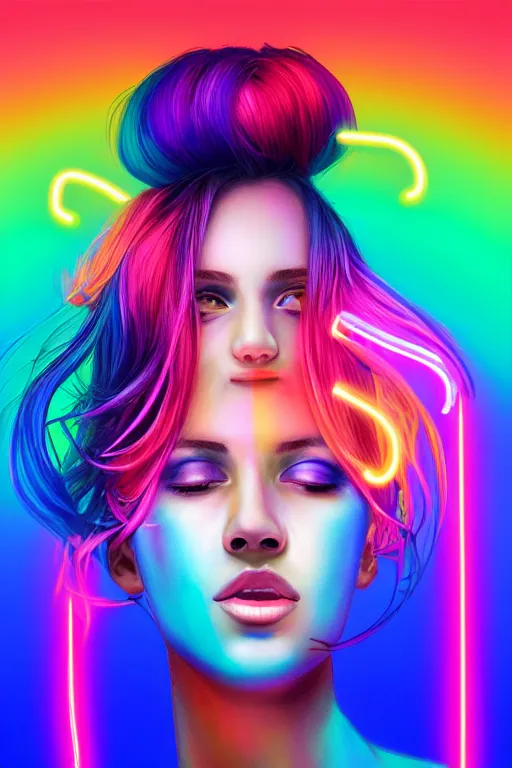 Image similar to a award winning half body portrait of a beautiful woman with stunning eyes in a croptop and cargo pants with rainbow colored ombre hairstyle head in motion and hair flying singing by thomas danthony, outlined by whirling illuminated neon lines, outrun, vaporware, shaded flat illustration, digital art, trending on artstation, highly detailed, fine detail, intricate