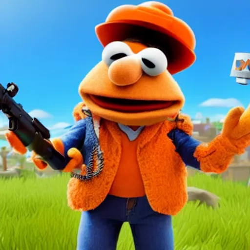 Prompt: bip bippadotta from the muppets as a fortnite character, wearing sunglasses, fuzzy orange puppet, in fortnite, holding a gun, 3 d unreal engine render