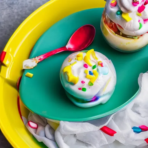 Image similar to high quality photo of the best ice cram sundae in the world on a yellow tray on a green table with a clean background