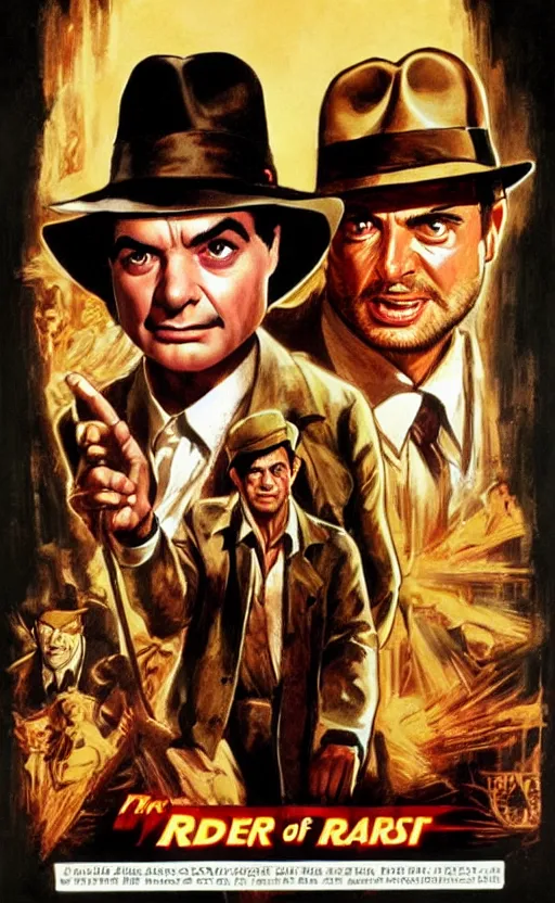 Image similar to raiders of the lost ark, featuring mr. bean, movie poster in the style of richard amsel & drew struzan