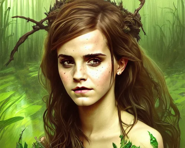 Image similar to mindblowing portrait of emma watson as a swamp witch, green colored skin, deep focus, d & d, fantasy, intricate, elegant, highly detailed, digital painting, artstation, concept art, matte, sharp, illustration, hearthstone, art by artgerm and greg rutkowski and alphonse mucha