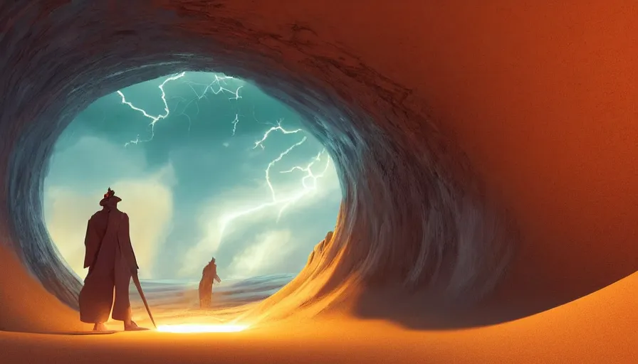 Image similar to a glowing magical portal inside a big wave made of sand fantasy desert, portal, a man watching over, lightning, sandstorm, by caspar david friedrich by james gilleard and justin gerard, artstation, smooth, sharp focus, by jean baptiste, octane render