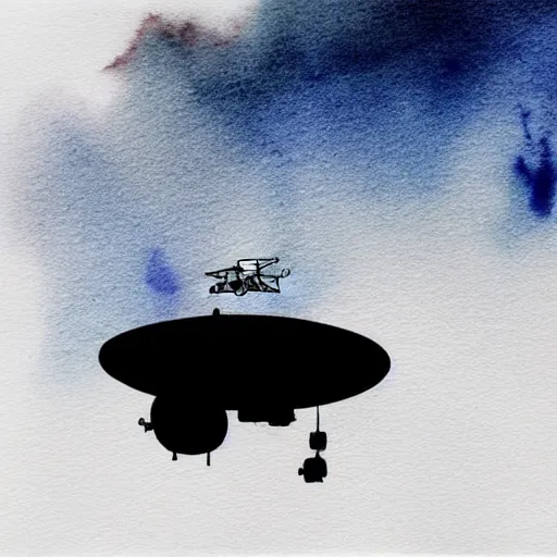 Image similar to high - angle view, from 1 0 0 0 feet in distance, vague uap interstellar vehicle on top of dramatic moody clouds in the sky, muted ink and pearlescent watercolor. minimalist, detailed, muted colors. ue 5