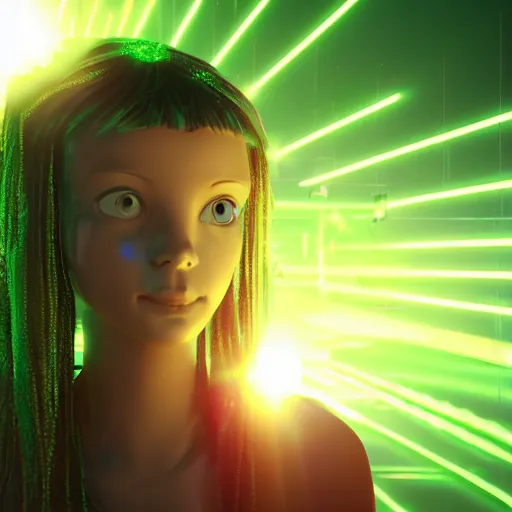 Image similar to cure glowing green hologram girl from cyberspace, 9 0 s cgi design, lens flare, green, vray