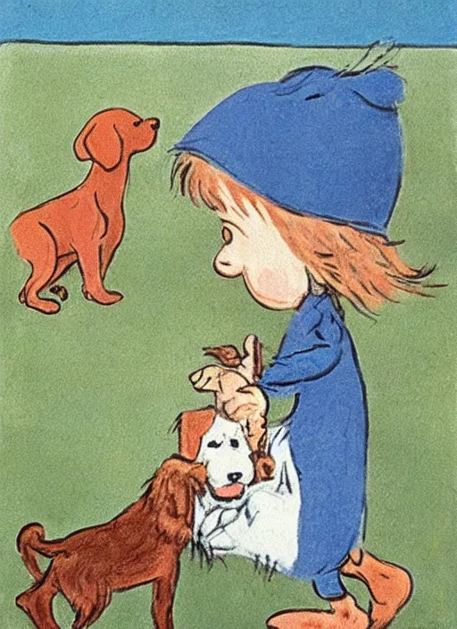 Prompt: little rascal playing with a dog by tove jansson