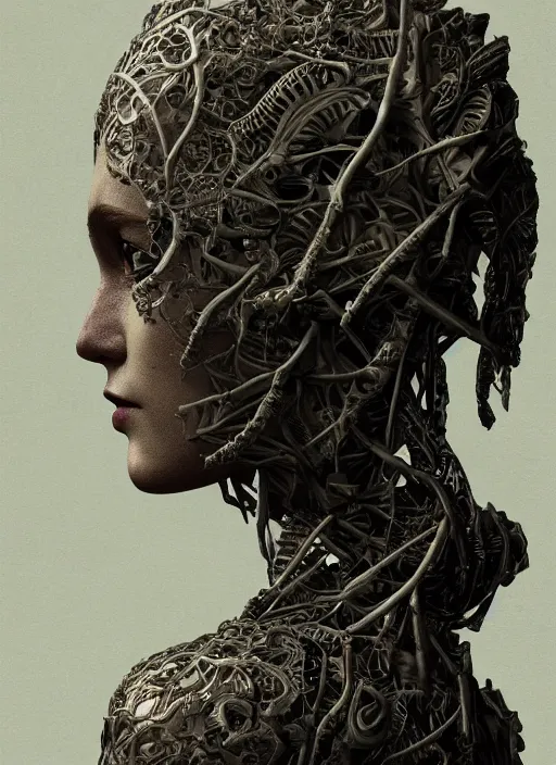 Image similar to a female android's face in profile, made of leaf skeletons, in the style of the Dutch masters and Gregory Crewdson, dark and moody intricate traditional Chinese textures, rococo decorations, hyper detail, Unreal engine,Octane render, by Karol Bak