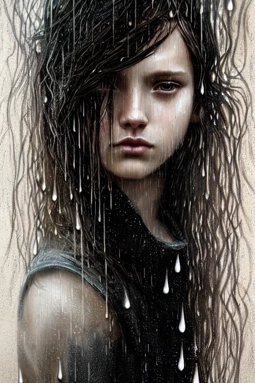 Prompt: portrait of a girl in the rain with wet hair and face, fantasy, intricate, elegant, dramatic lighting, emotionally evoking symbolic metaphor, highly detailed, lifelike, photorealistic, digital painting, artstation, concept art, smooth, sharp focus, illustration, art by John Collier and Albert Aublet and Krenz Cushart and Artem Demura and Alphonse Mucha