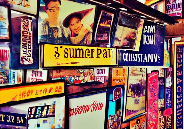 Image similar to home photography portrait, inside of the shop name SHOME, floor, signboards , poster ; summer, Color VHS picture quality with mixed noise