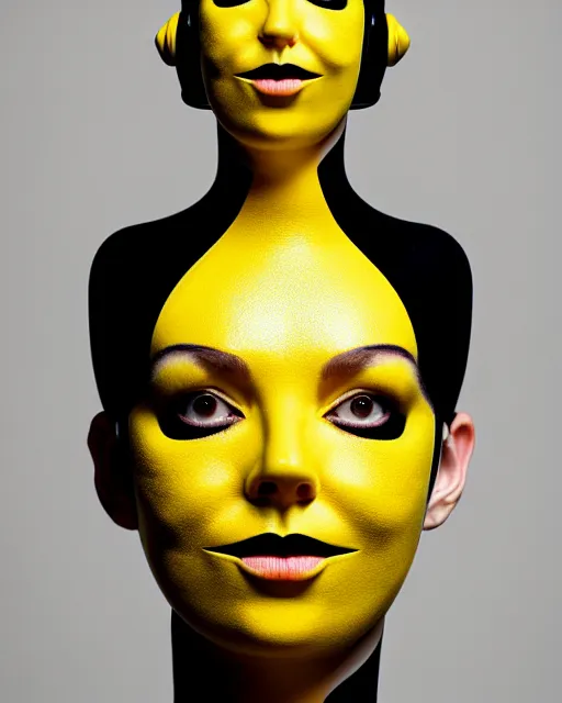 Image similar to symmetrical close - up portrait of a woman wearing a yellow silicone beauty mask and hair rolls, wearing a black bodysuit by alexander mcqueen, cream white background, biotechnology, humanoide robot, bjork aesthetic, translucent, by rineke dijkstra, masterpiece,