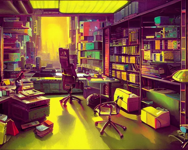 Image similar to IKEA catalogue photo of a cyberpunk office, by Paul Lehr