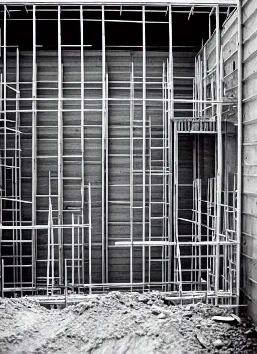 Prompt: a beautiful realistic photo of the construction site, storage outside, street 1 9 9 0, life magazine reportage photo