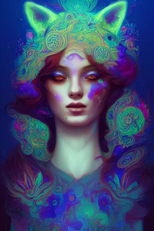 Image similar to lsd, acid trip, intricate fractals, a detailed portrait of a beautiful woman with ( fox ) features, in professional makeup, dramatic lighting, by lois van baarle, ross tran, greg rutkowski, 4 k, trending on artstation