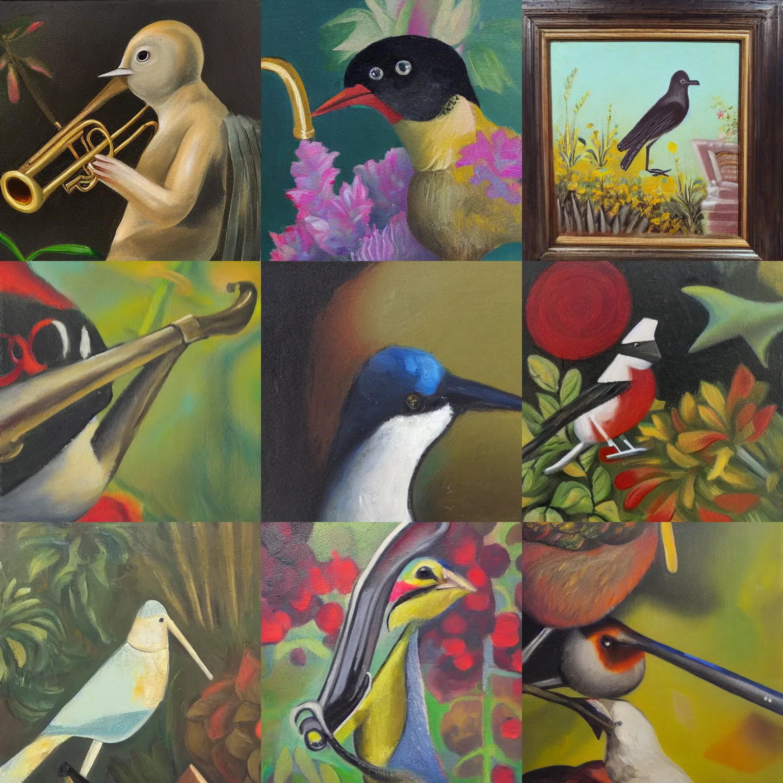 Prompt: bird with trumpet, sitting in the garden, oil on canvas, close up