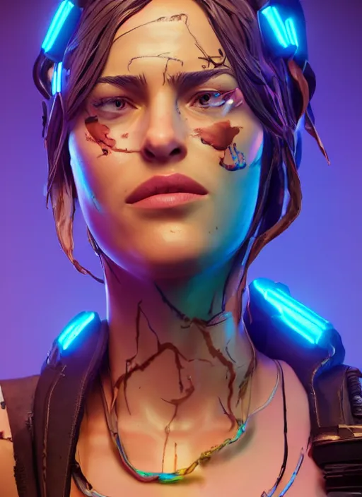 Image similar to glowwave portrait of dakota johnson from borderlands 3, au naturel, hyper detailed, digital art, trending in artstation, cinematic lighting, studio quality, smooth render, unreal engine 5 rendered, octane rendered, art style by klimt and nixeu and ian sprigger and wlop and krenz cushart.