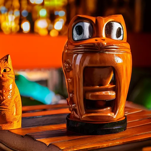 Image similar to a closeup photorealistic photograph of a glossy orange cat garfield style tiki mug sitting at a trader vic's beach bar featuring garfield's face. tiki theme. bright scene. fine detail. this 4 k hd image is trending on artstation, featured on behance, well - rendered, extra crisp, features intricate detail, epic composition and the style of unreal engine.