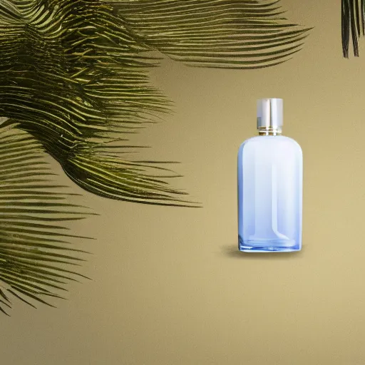 Prompt: perfume bottle standing in splashing tropical water, surrounded by leafy trees, light pastel blue sky and clouds in the background, softly - lit, soft - warm, zen, light, modern minimalist f 2 0 clean
