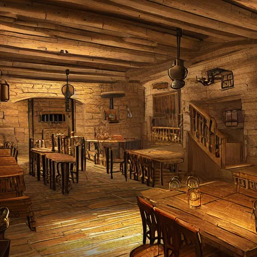 Image similar to Interior design of Medieval Cybepunk Tavern, Many details