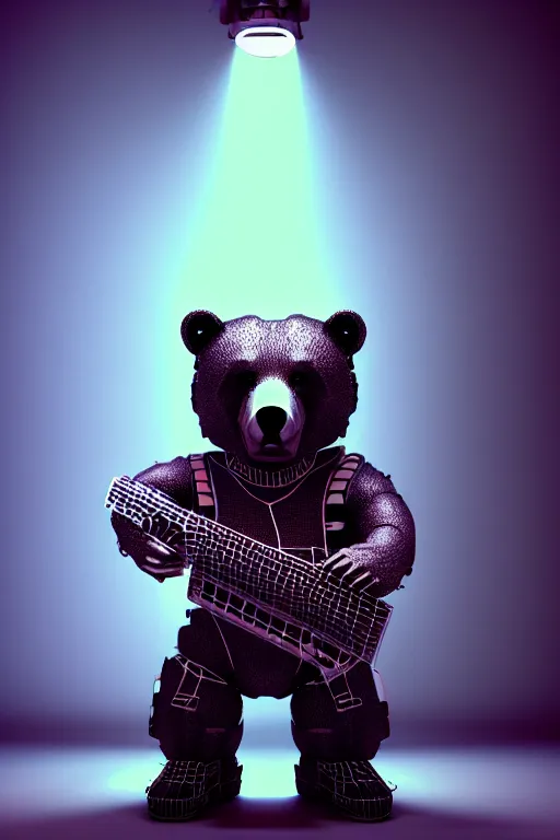 Image similar to high quality 3 d render cyborg bear! plays a cyberpun guitar, cyberpunk highly detailed, unreal engine cinematic smooth, in the style of blade runner, hannah yata charlie immer, moody light, low angle, uhd 8 k, sharp focus