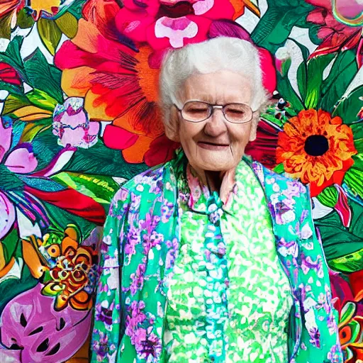 Prompt: an elderly woman dressed in extremely colorful clothes with floral patterns