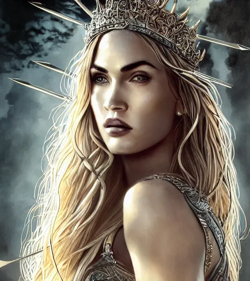 Image similar to portrait of megan fox as beautiful aphrodite goddess as an archer, arrow crown, beautiful piercing eyes, flowing blonde hair, realistic face, black and white drawing, in the style of greg rutkowski, fantasy, amazing detail, epic, intricate, elegant, smooth, sharp focus