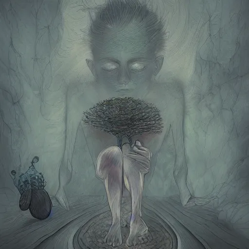 Prompt: dissociation, derealization, disconnection, fantasy illustration, detailed, abstract, amorphous, misty and eerie